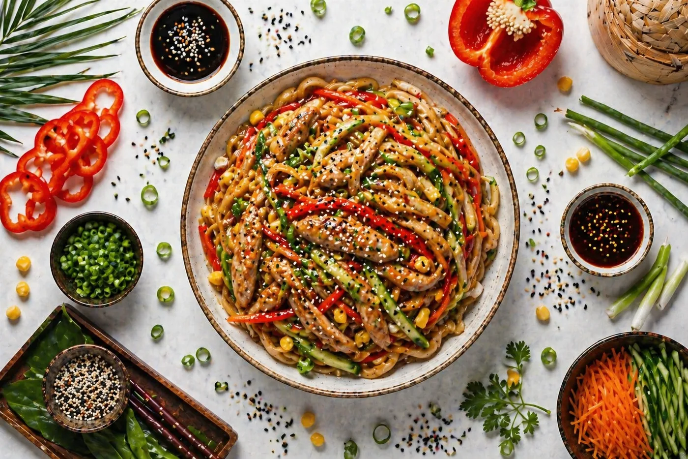 Удон с курицей и овощами